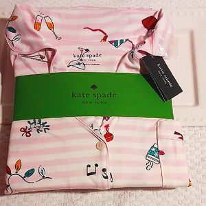 Kate Spade Light Pink Stripe Festive Pajama Set XL ⛸️🎵👛💄🥂🍾🍸